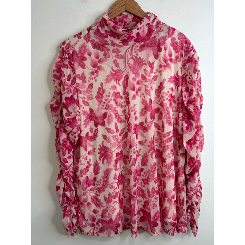 Susan Graver Pink Floral Mesh Mock Neck Top Ruched Long Sleeve Lined 2X Plus